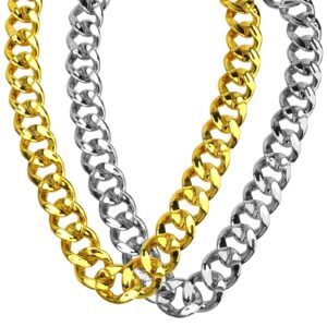 catcan hip hop chunky gold chain silver chain 2 pack, 32 inch plastic chain necklace costume gold chain rapper 80s 90s punk turnover necklace men costume accessory for party costume class bar