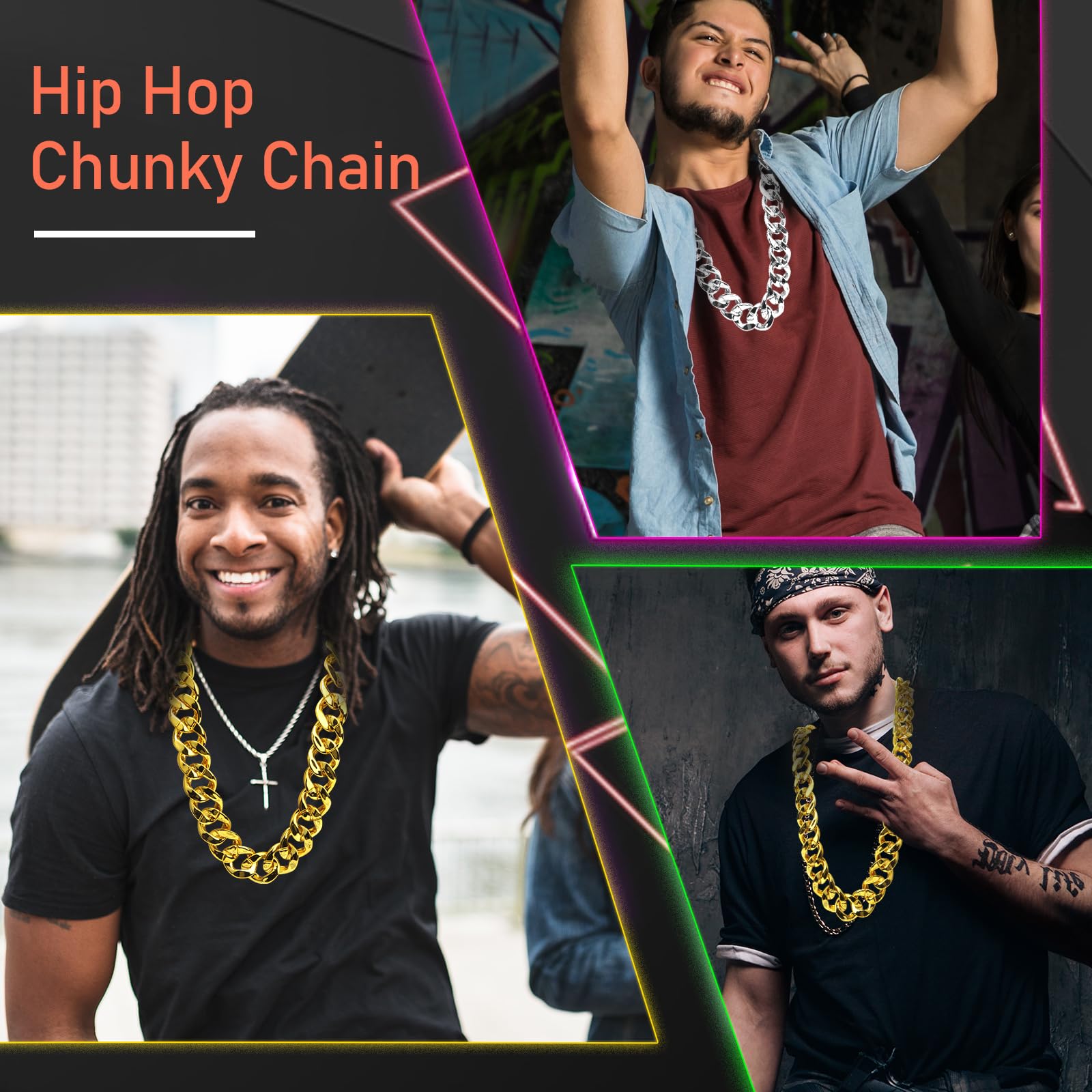 Catcan Hip Hop Chunky Gold Chain Silver Chain 2 Pack, 32 Inch Plastic Chain Necklace Costume Gold Chain Rapper 80s 90s Punk Turnover Necklace Men Costume Accessory for Party Costume Class Bar