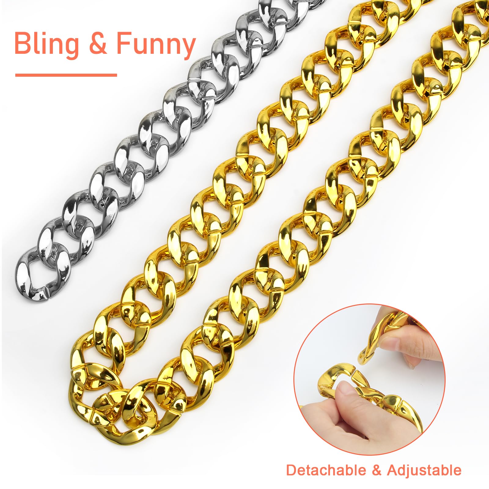 Catcan Hip Hop Chunky Gold Chain Silver Chain 2 Pack, 32 Inch Plastic Chain Necklace Costume Gold Chain Rapper 80s 90s Punk Turnover Necklace Men Costume Accessory for Party Costume Class Bar