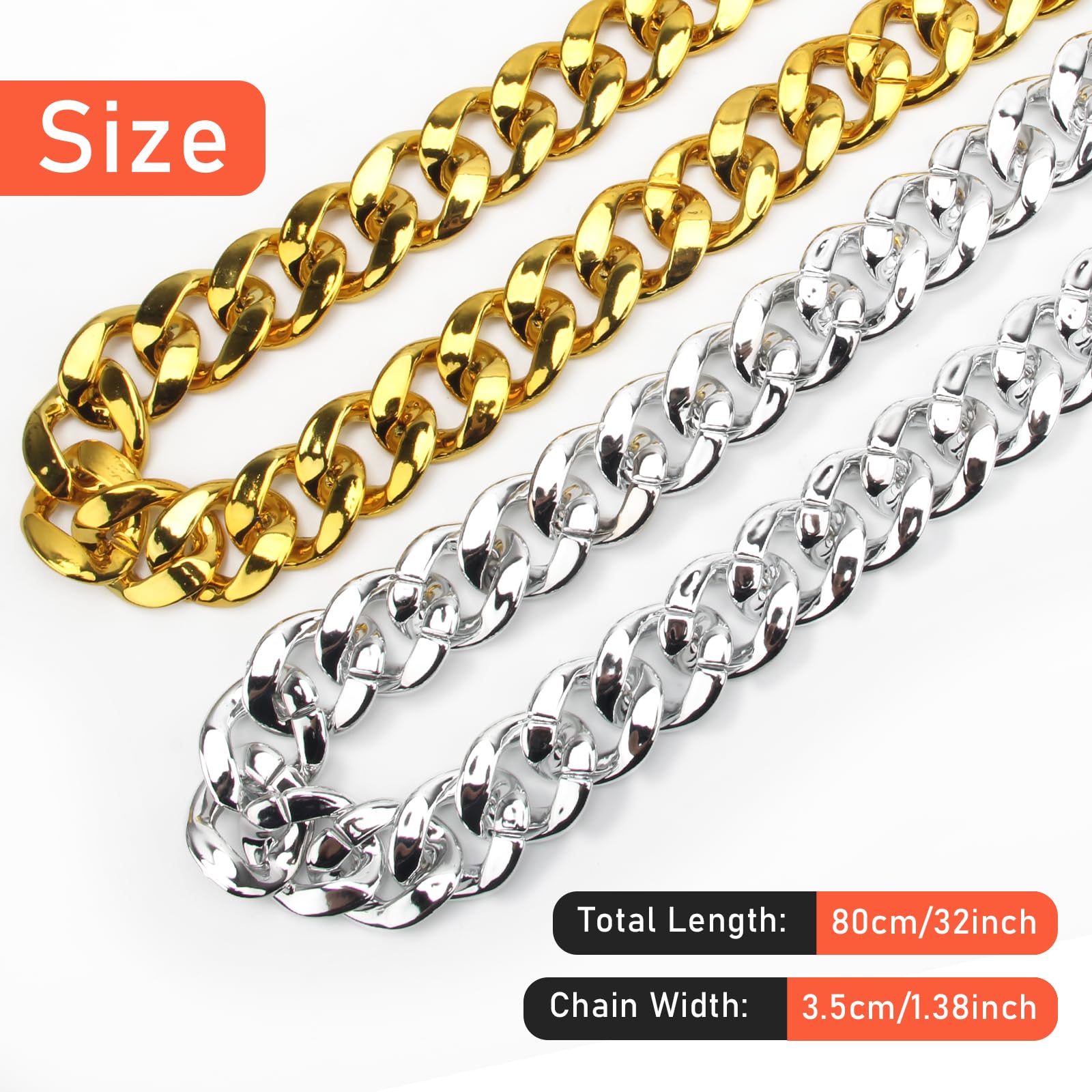 Catcan Hip Hop Chunky Gold Chain Silver Chain 2 Pack, 32 Inch Plastic Chain Necklace Costume Gold Chain Rapper 80s 90s Punk Turnover Necklace Men Costume Accessory for Party Costume Class Bar