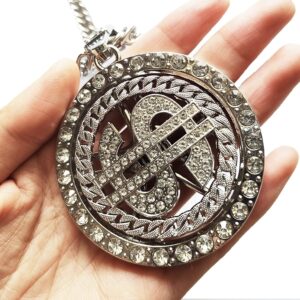 Weahre Dollar Sign Necklace Hip Hop 80s 90s Old School Rapper Costume Big Chunky Punk Pendant Plated Chain for Men Outfits (Silver, 1)