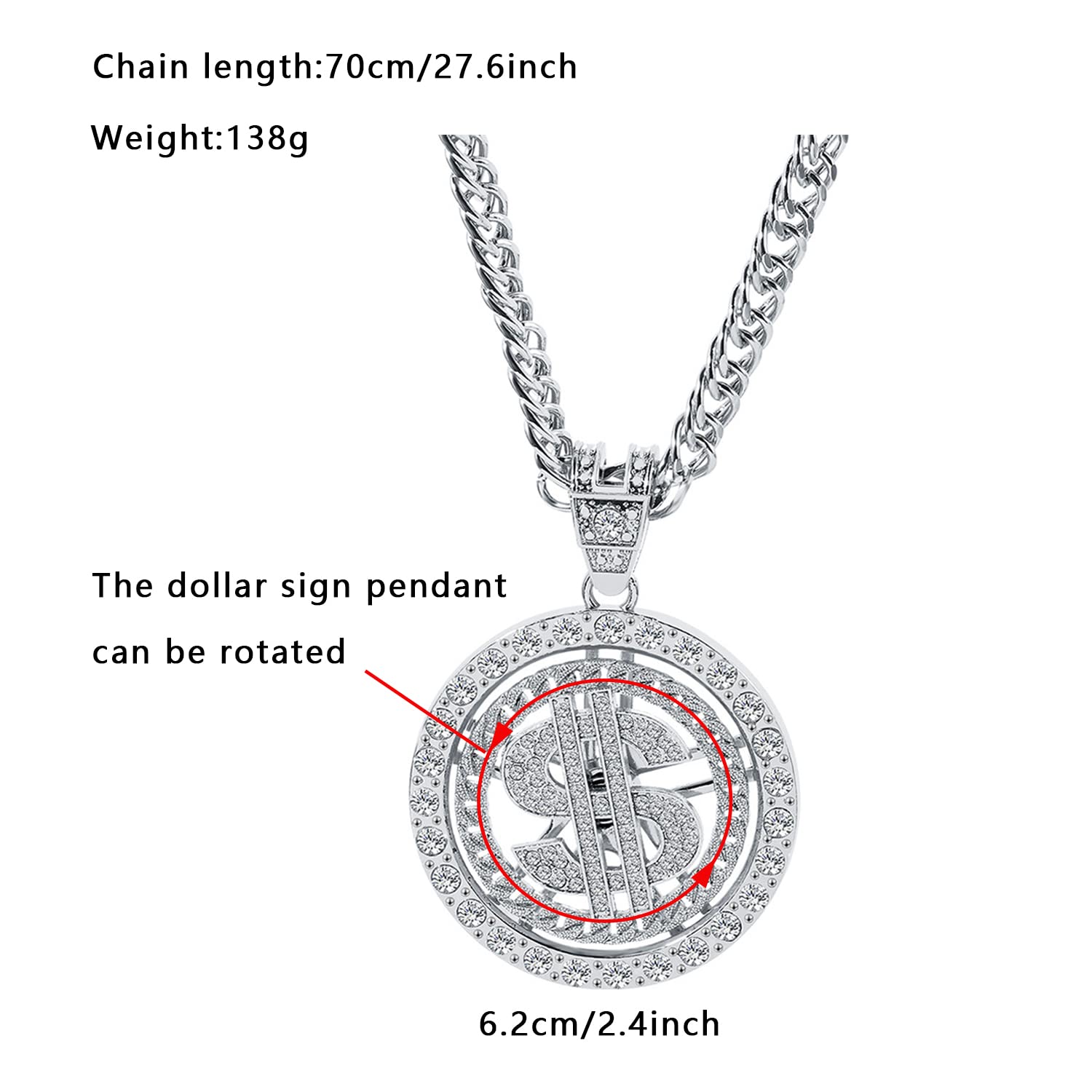 Weahre Dollar Sign Necklace Hip Hop 80s 90s Old School Rapper Costume Big Chunky Punk Pendant Plated Chain for Men Outfits (Silver, 1)