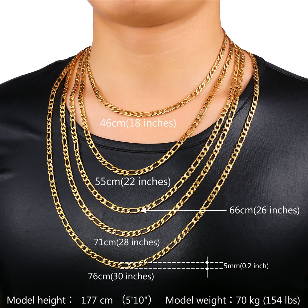 U7 5mm Figaro Chain Boy Men Fashion Jewelry 18K Gold Plated Stainless Steel Link Bracelet & Necklace Set (8.3",18")