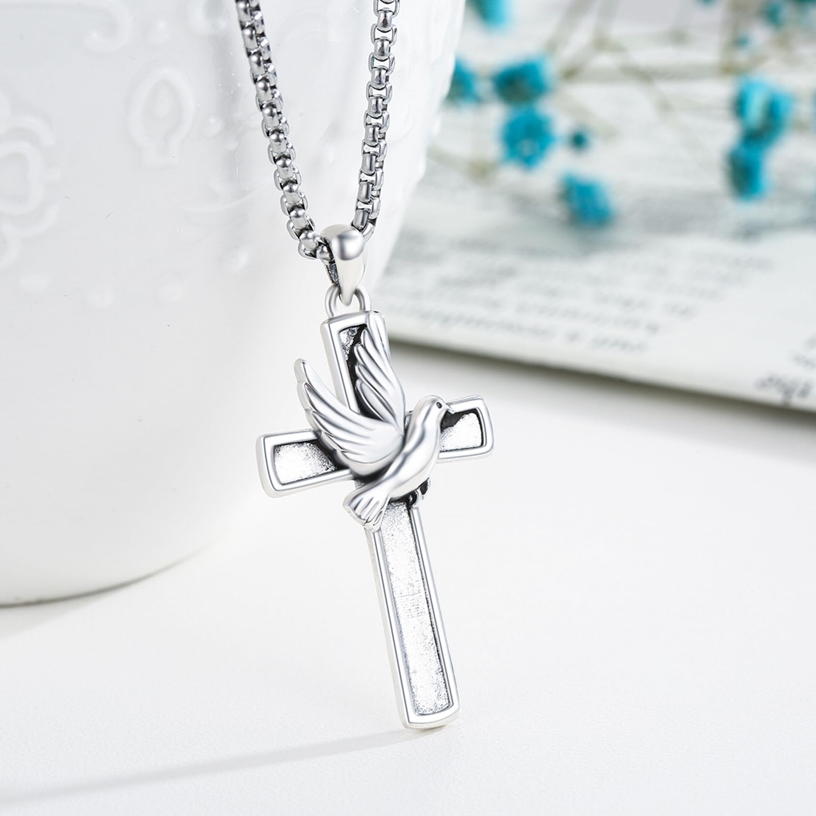 Peace Dove Cross Necklaces for Men Women 925 Sterling Silver Dove of Peace Pendant Necklace Christian Faith Jewelry Gift for Religious Believers