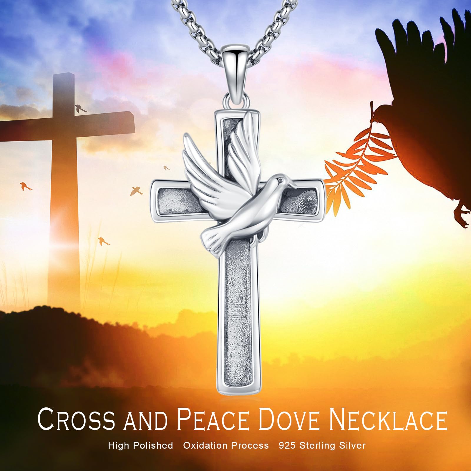 Peace Dove Cross Necklaces for Men Women 925 Sterling Silver Dove of Peace Pendant Necklace Christian Faith Jewelry Gift for Religious Believers