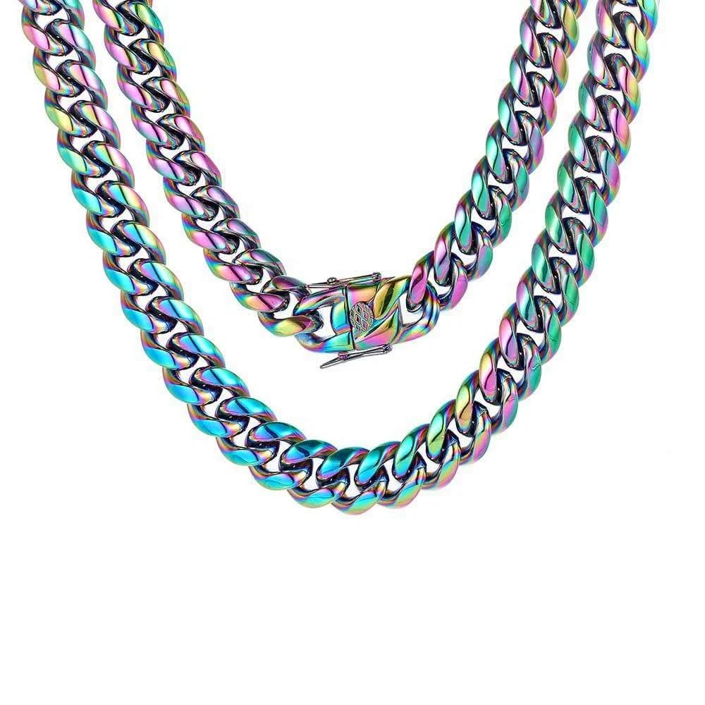 ROWIN&CO Mens Chunky Miami Cuban Link Chain - Rainbow Multicolor Stainless Steel Curb Necklace, Nickel-free, Colorful Chains, Hip Hop Jewelry Choker Chain, 15mm/18-35 inch.