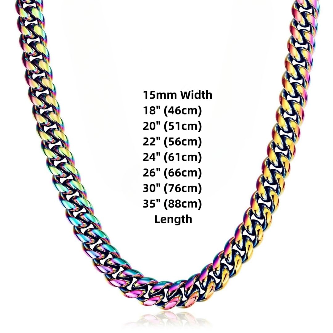 ROWIN&CO Mens Chunky Miami Cuban Link Chain - Rainbow Multicolor Stainless Steel Curb Necklace, Nickel-free, Colorful Chains, Hip Hop Jewelry Choker Chain, 15mm/18-35 inch.