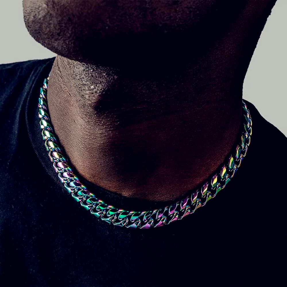 ROWIN&CO Mens Chunky Miami Cuban Link Chain - Rainbow Multicolor Stainless Steel Curb Necklace, Nickel-free, Colorful Chains, Hip Hop Jewelry Choker Chain, 15mm/18-35 inch.