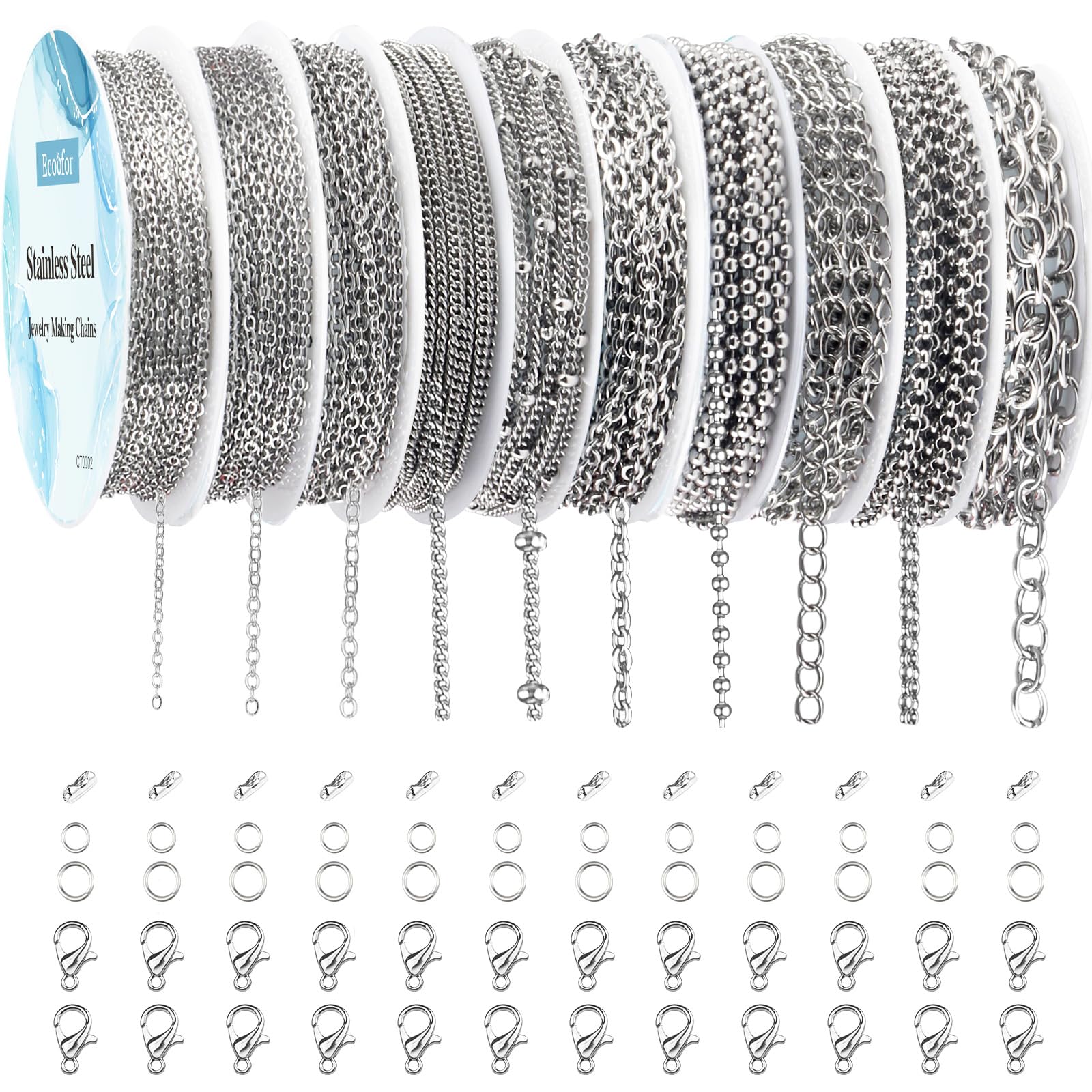 Ecoofor Necklace Chains for Jewelry Making, 78.7 Feet 10 Rolls 304 Stainless Steel Jewelry Chains for DIY Necklace Bracelet Jewelry Making with Stainless Steel Jump Rings/Lobster Clasps/Connectors