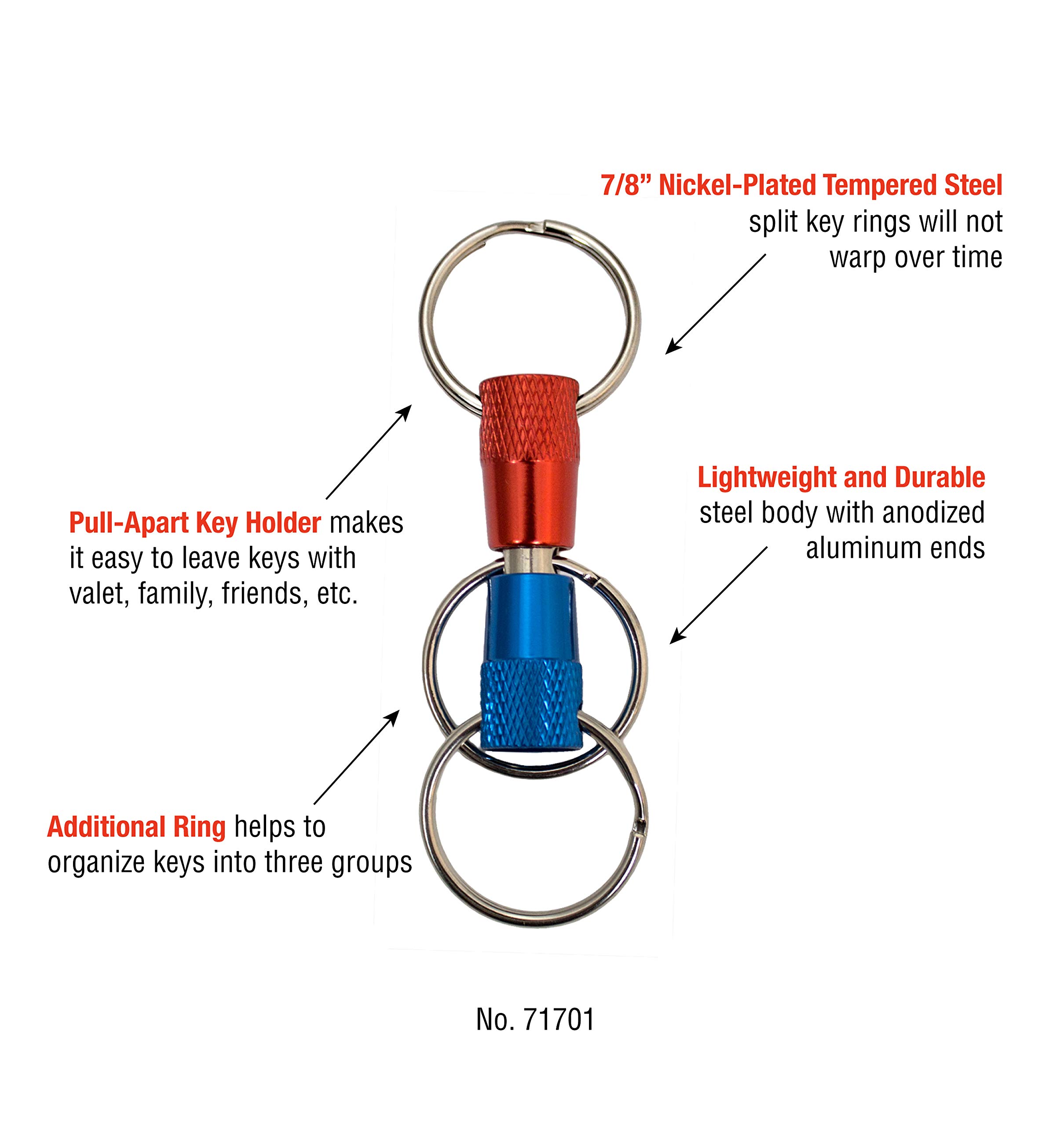 Lucky Line 3-Way Pull Apart Keychain,1 Pack, Red, Blue and Silver (71701)