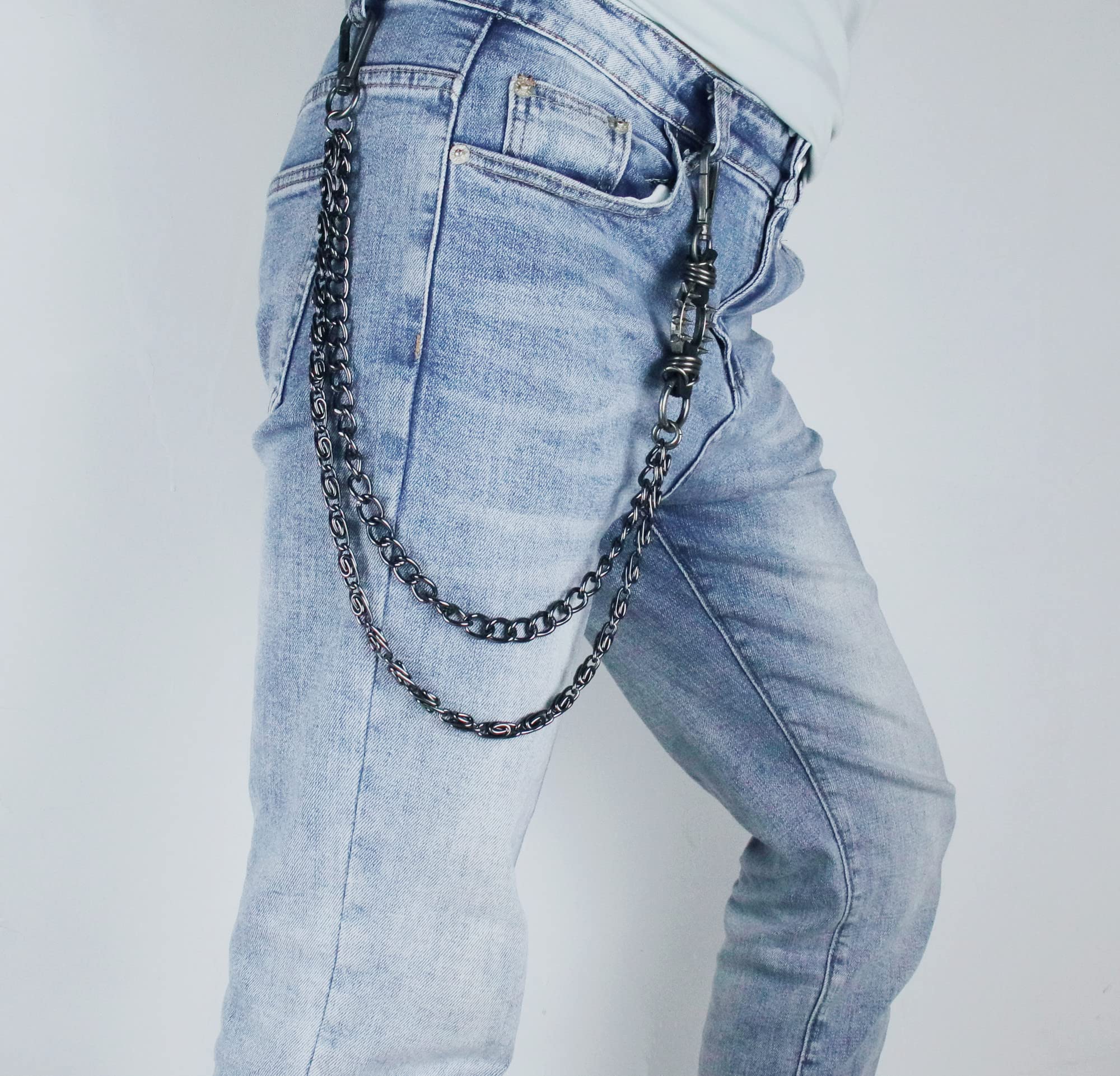 ARZASGO Unisex Punk Chains for Pants, Heavy Duty Multi-layer Belt Chains Hip Hop Trousers Jeans Chain with Carabiner Clasps for Wallet Keys (Spike Chain)