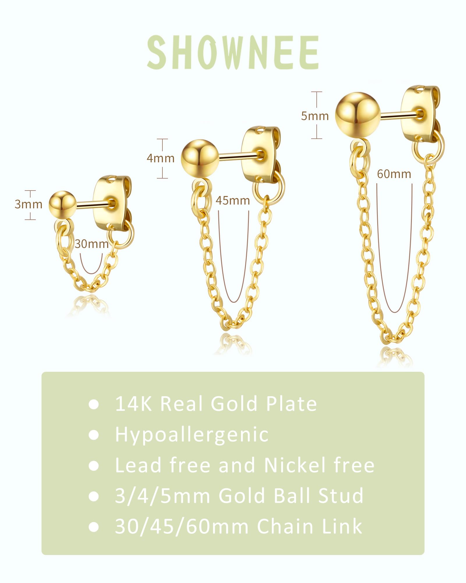 Shownee Gold Ball Studs Earrings for Women - Small Ball Stud 14K Gold Plated Hypoallergenic Chain Link Drop Dangle Earrings Set Jewelry Gifts