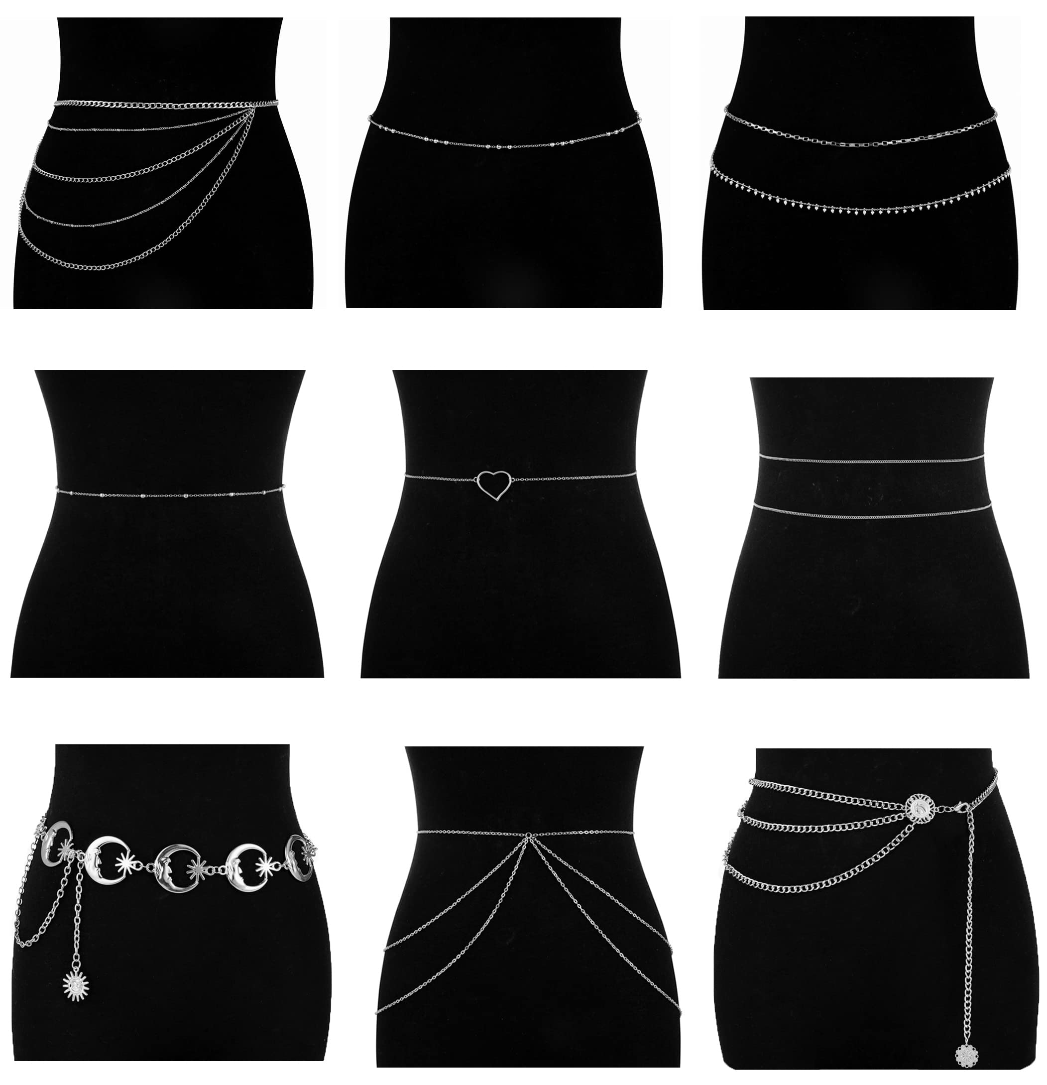 Vegolita 9Pcs Waist Belly Chain for Women Boho Multilayer Beach Bikini Body Chain Summer Adjustable Body Jewelry S