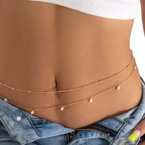 2Pcs Summer Beaded Waist Chain Metal Bikini Multi-Layer Waist Belly Chain Sexy Beach Beads Body Chain Pearl Simple Waist Chain for Women