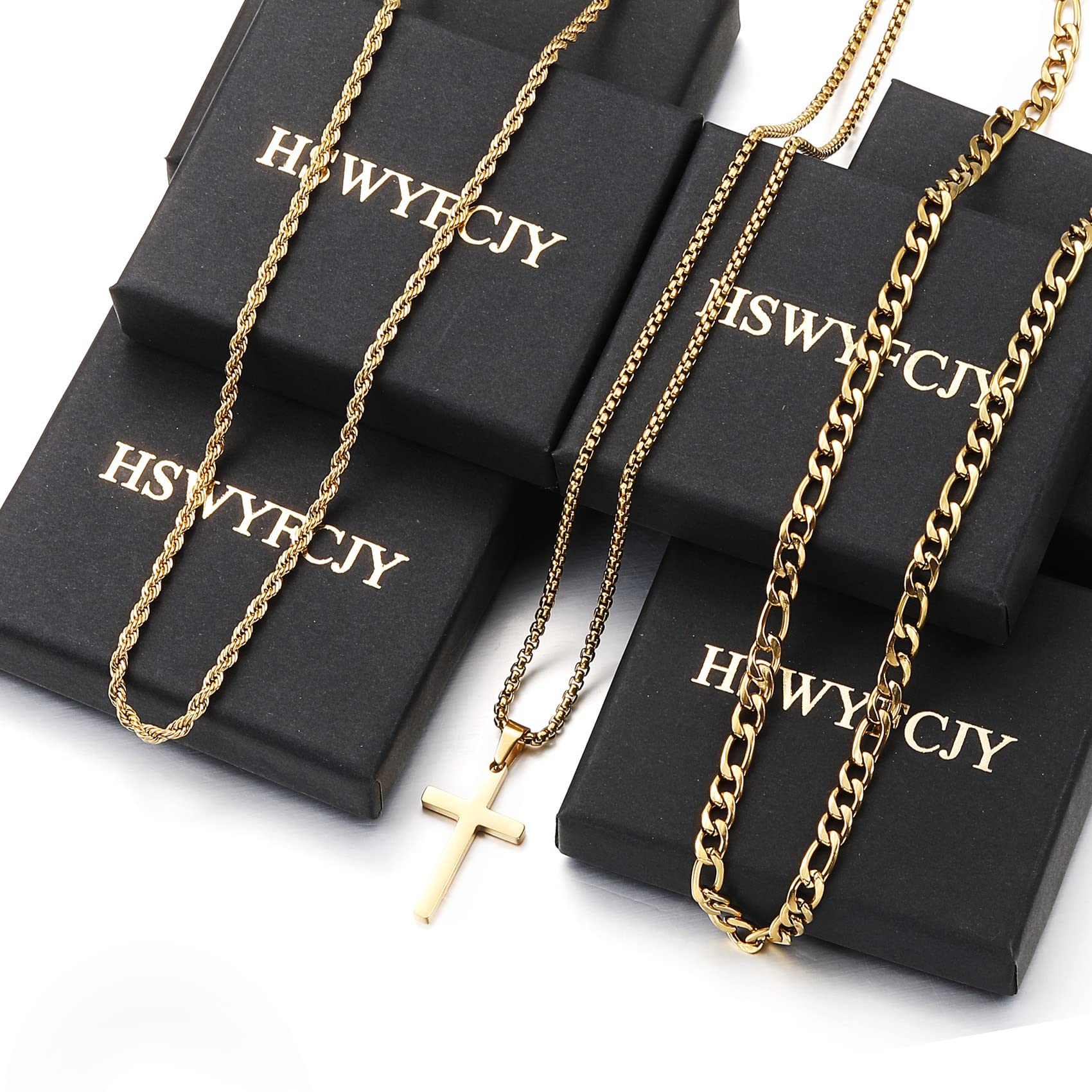 HSWYFCJY 3Pcs Set Cross Necklace for Men, Mens Cross Necklace Cross Chain Layered Stainless Steel Rope Figaro Chains for Women Boys Gold Silver Black (20inch/22inch)