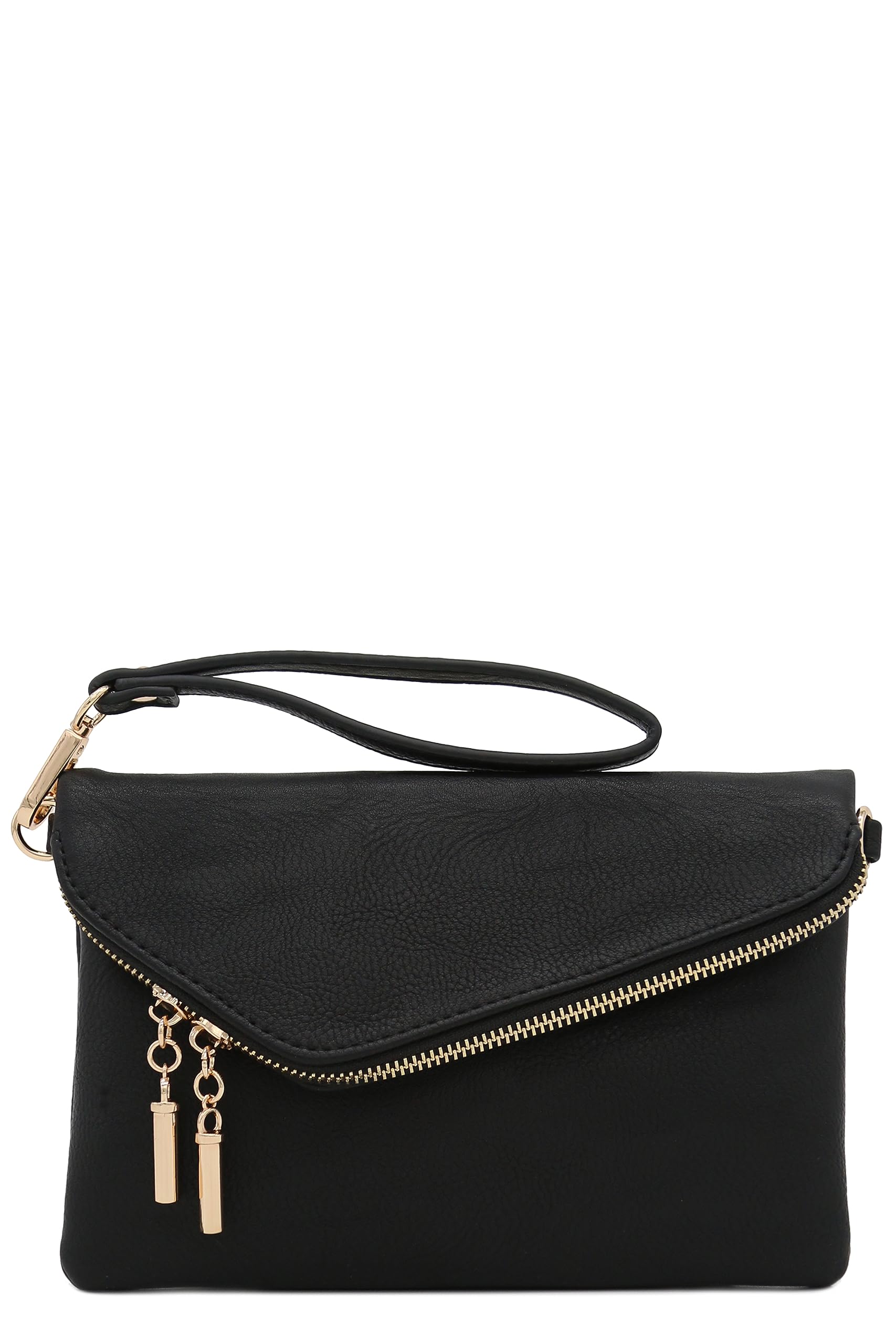 FashionPuzzle Envelope Wristlet Clutch Crossbody Bag with Chain Strap (Black) One Size