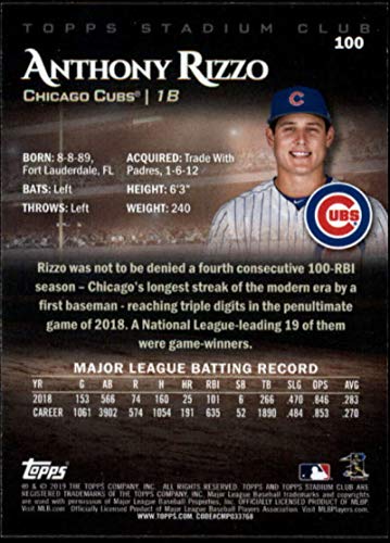 2019 Topps Stadium Club #100 Anthony Rizzo Chicago Cubs MLB Baseball Trading Card