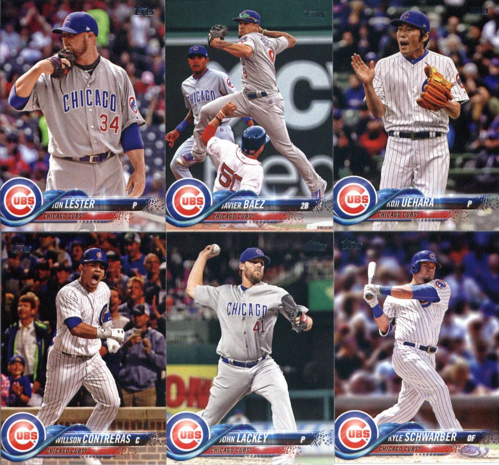 2018 Topps Chicago Cubs Team Set of 10 Baseball Cards (Series 1): Anthony Rizzo(#50), Alex Avila(#53), Ian Happ(#118), John Lackey(#171), Willson Contreras(#172), Jose Quintana(#175), Kyle Schwarber(#225), Javier Baez(#265), Jon Lester(#266), Koji Uehara(