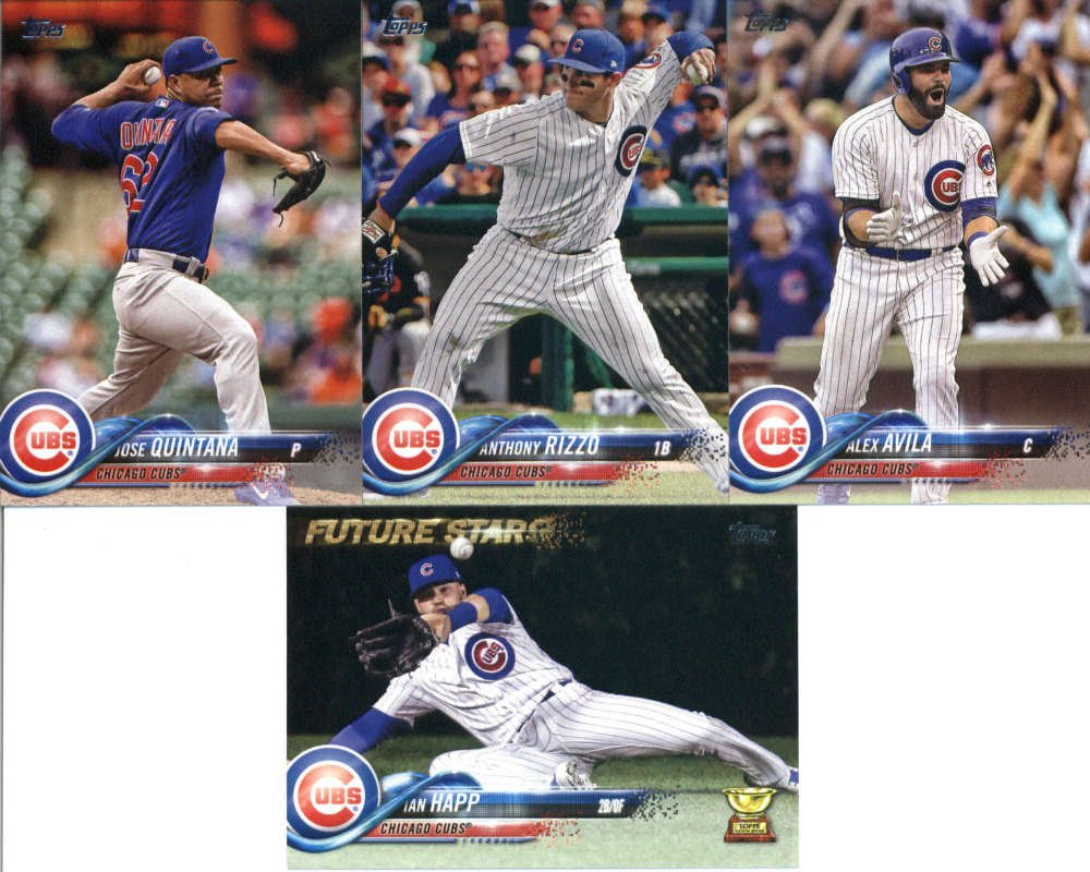 2018 Topps Chicago Cubs Team Set of 10 Baseball Cards (Series 1): Anthony Rizzo(#50), Alex Avila(#53), Ian Happ(#118), John Lackey(#171), Willson Contreras(#172), Jose Quintana(#175), Kyle Schwarber(#225), Javier Baez(#265), Jon Lester(#266), Koji Uehara(