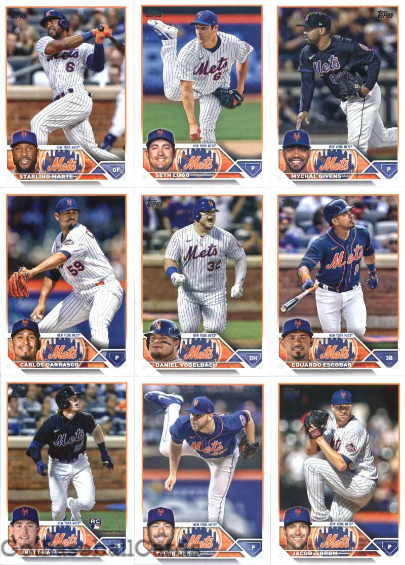 2023 Topps Complete Set (Series 1 & 2) New York Mets Team Set of 25 Cards: Pete Alonso(#20), Max Scherzer(#21), Jacob deGrom(#48), Darin Ruf(#70), Tylor Megill(#83), Brett Baty(#89), Eduardo Escobar(#118), Daniel Vogelbach(#147), Carlos Carrasco(#161), My