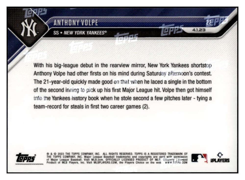 ANTHONY VOLPE RC 2023 Topps NOW #22 ROOKIE NY Yankees NM+-MT+ MLB Baseball PR:14094