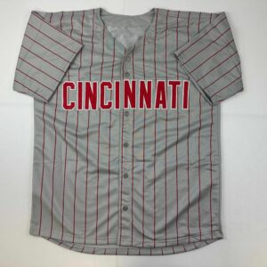 Autographed/Signed Barry Larkin Cincinnati Grey Pinstripe Baseball Jersey Beckett BAS COA