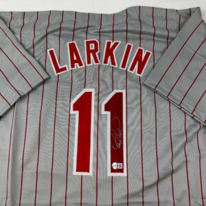 Autographed/Signed Barry Larkin Cincinnati Grey Pinstripe Baseball Jersey Beckett BAS COA