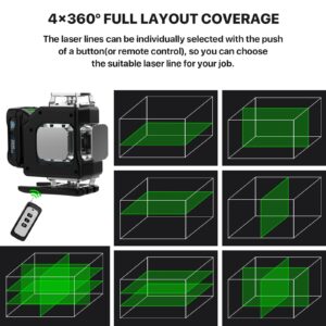 Laser Level,BOHDANGE 4x360° 4D 16 Lines Green Laser Level Self Leveling for Picture Hanging and Construction,12v 2500mAh Rechargeable battery