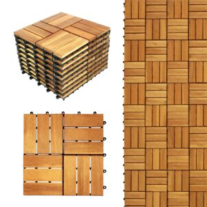 cloverholm 10pcs interlocking deck tiles - waterproof 12”x12” acacia wood tiles, patio tiles for indoor and outdoor, interlocking outdoor floor tiles, pavers, 12 slats checker pattern (natural, 12in)