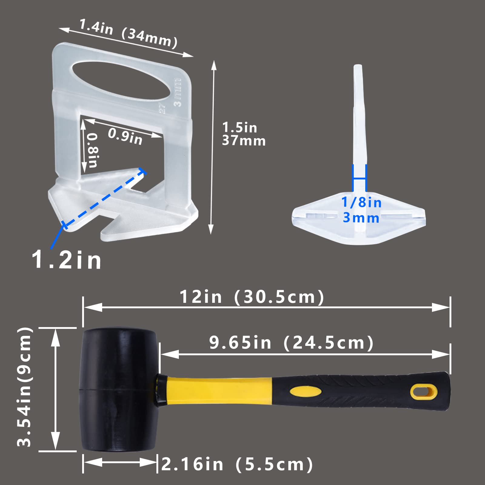 HeiLuon Tile Leveling System Clips 1/8'' 2500 Piece Tile Spacers Clips and Tools Harden Rubber Mallet Hammer 16 oz .Tile Tools Set for Professional Ceramic and Stone Installation