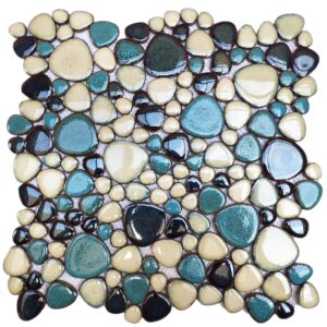 primoon interlocking pebble tiles 5 sheets, aqua teal blue mosaic tiles mesh mounted, 12x12 waterproof ceramic tile flooring for kitchen bath backsplash shower floor pool