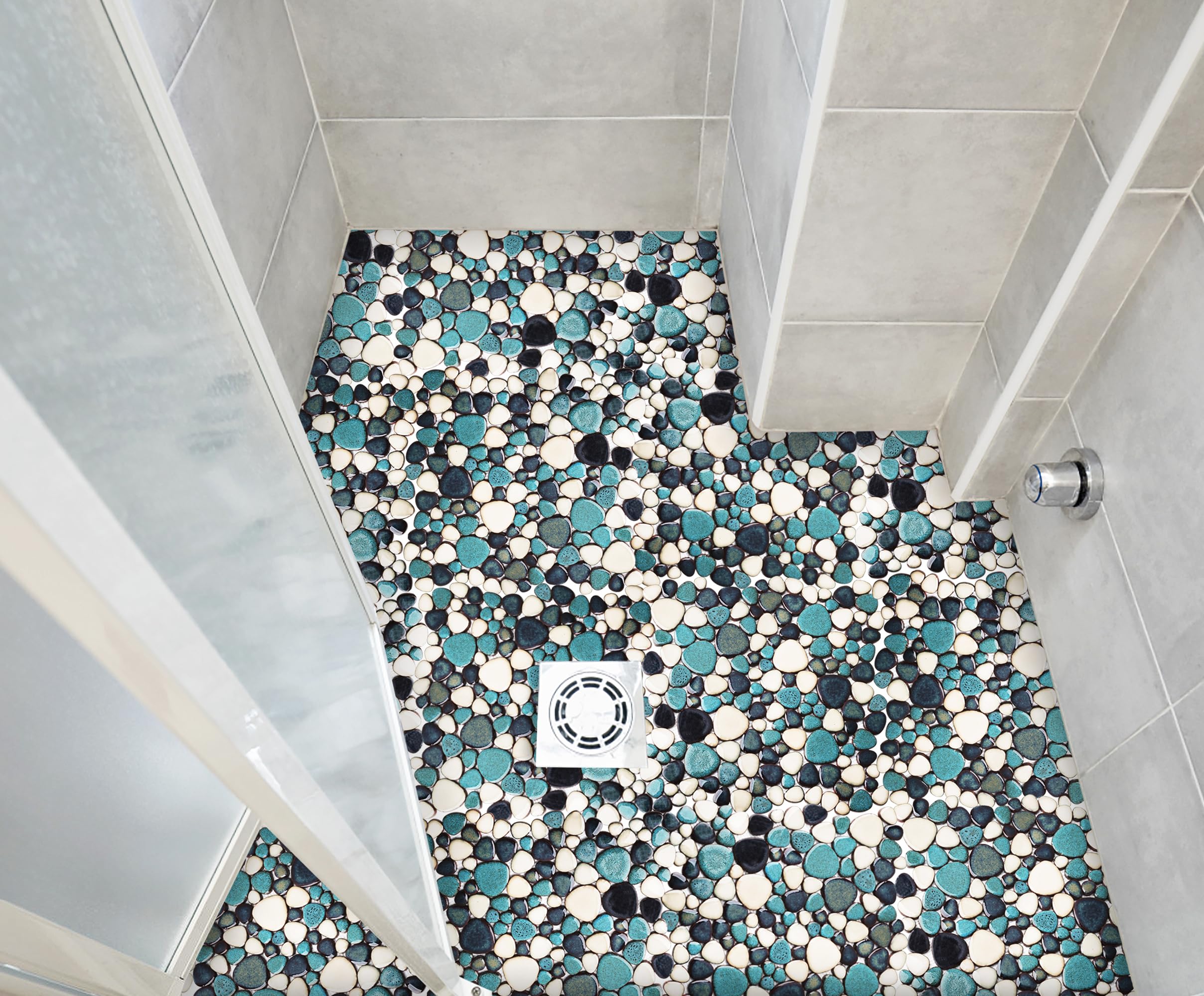 Primoon Interlocking Pebble Tiles 5 Sheets, Aqua Teal Blue Mosaic Tiles Mesh Mounted, 12x12 Waterproof Ceramic Tile Flooring for Kitchen Bath Backsplash Shower Floor Pool