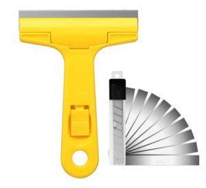 razor blade scraper, 4" scraper tool with 10 extra replacement metal blades, razor scraper remover for cleaning paint, caulk, adhesive, label, decal, sticker from window, glass, tile, floor, stove top