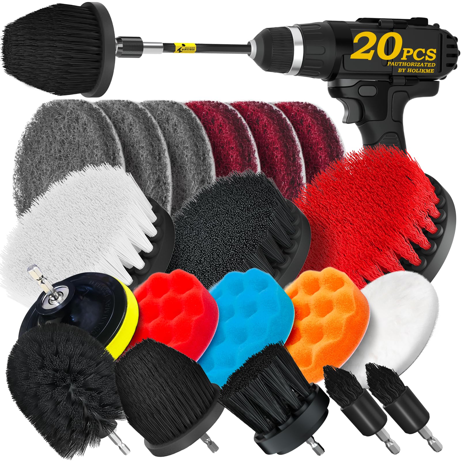 Holikme 20Pack Drill Brush Attachments Set, Black, Scrub Pads & Sponge, Power Scrubber Brush with Extend Long Attachment All Purpose Clean for Grout, Tiles, Sinks, Bathtub, Bathroom, Kitchen & Auto