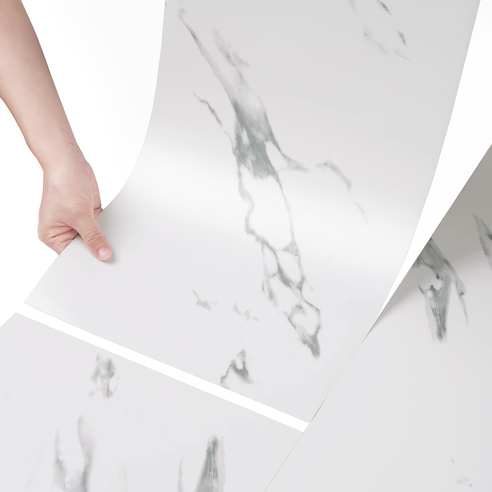 Stickyart 15-Piece White Peel and Stick Marble Vinyl Flooring for Bathroom Waterproof 12"x24" Self Adhesive Marble Floor Tile Stickers Peel and Stick Flooring for Kitchen Bedroom Laundry