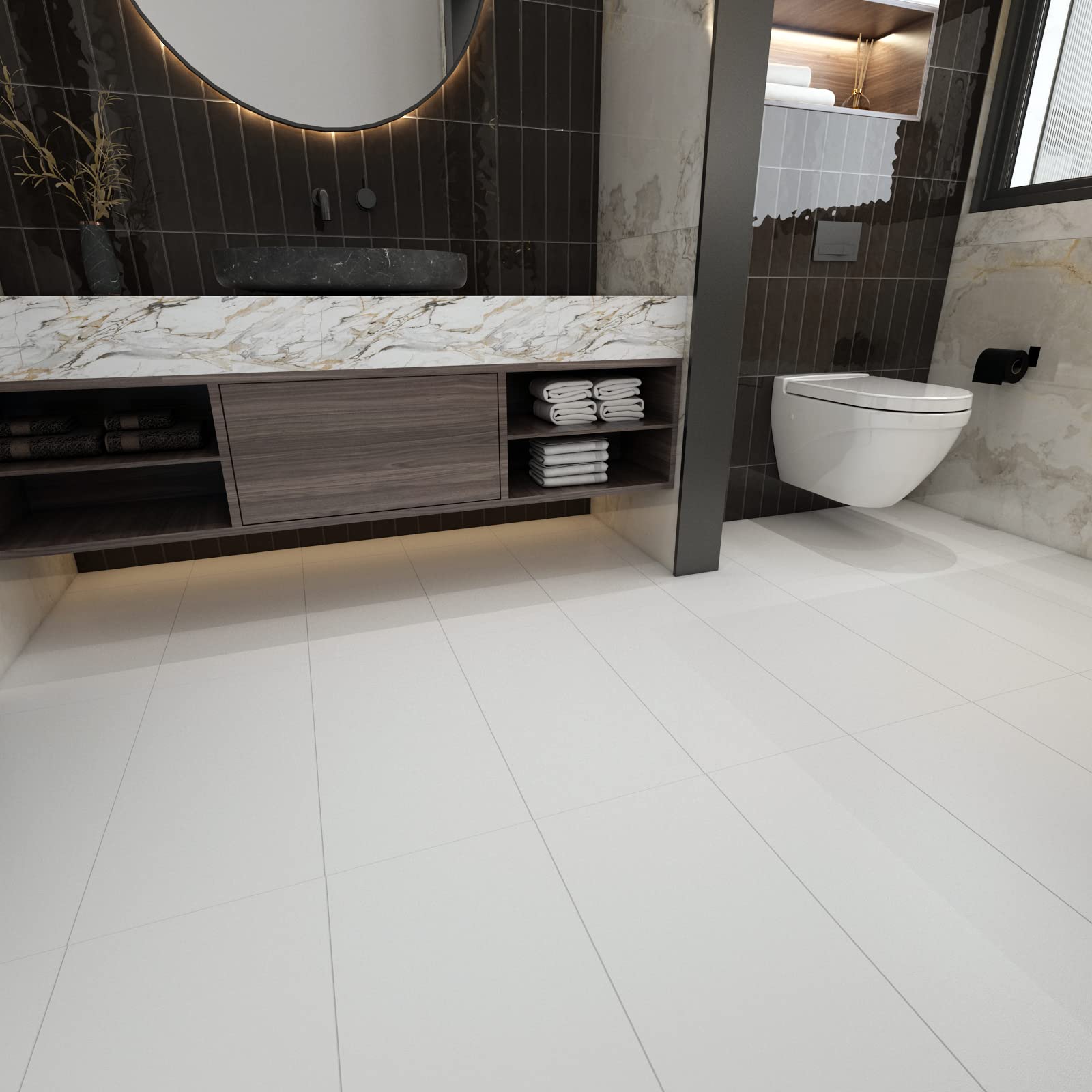 Decotalk Peel and Stick Floor Tile White Vinyl Flooring Tiles for Bathroom White Floor Tiles Stick and Peel Waterproof Vinyl Floor Tiles Removable 15-Sheets White Floor Tile Laminate Flooring 12"x24"