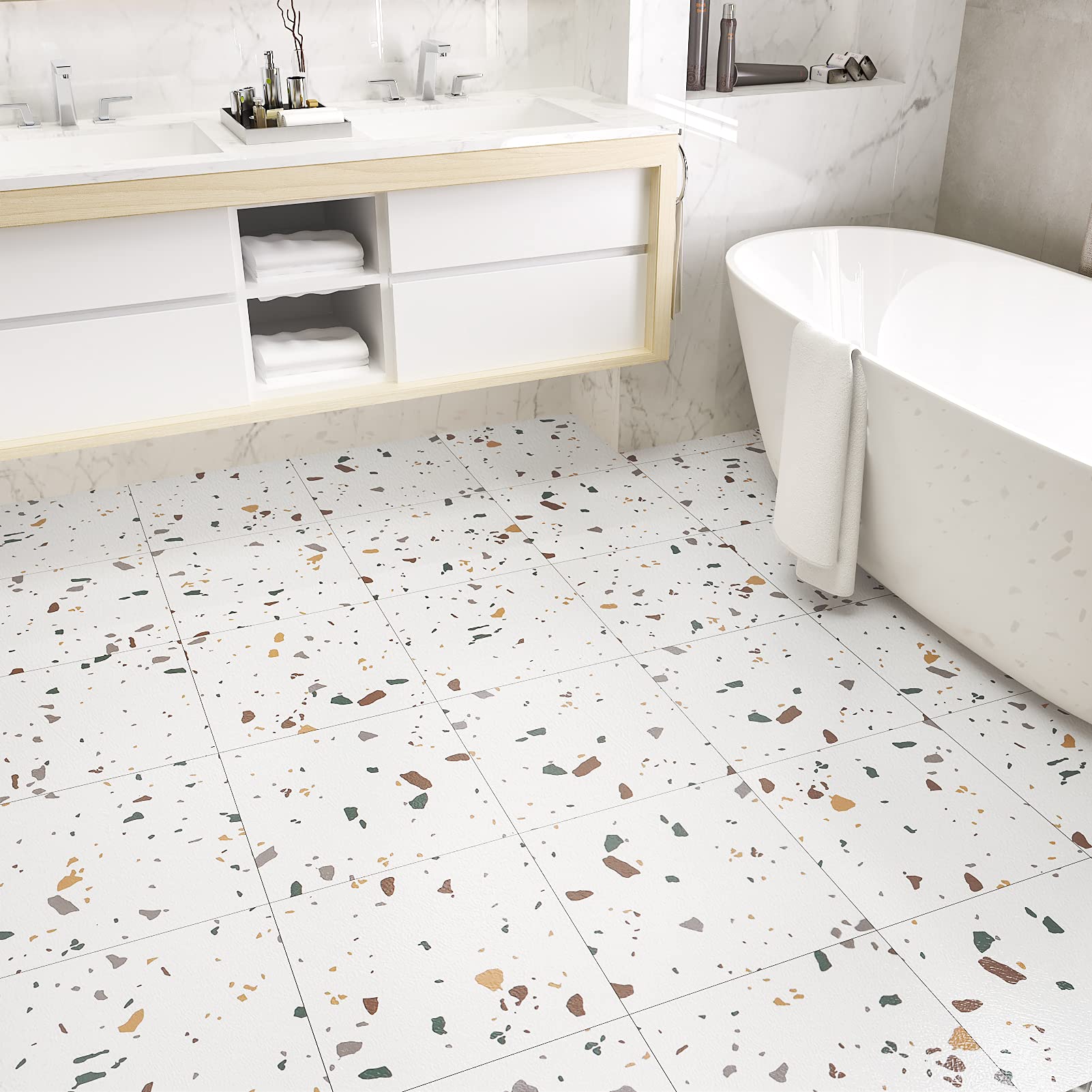 WESTICK Terrazzo Peel and Stick Floor Tile 20 PCS Durable Removable Adhesive Floor Tiles Peel and Stick Waterproof Thick Laminate Flooring Luxury Vinyl Flooring Peel and Stick for Kitchen 12x12 in