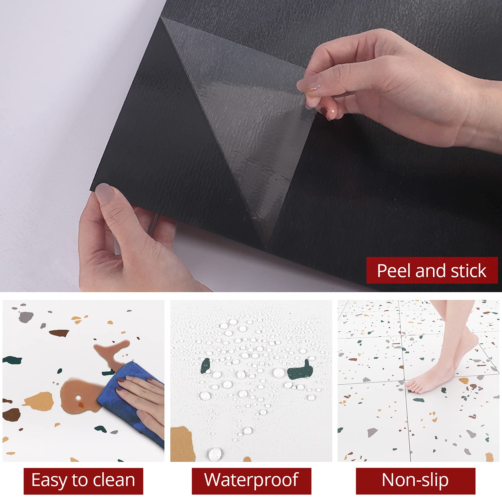 WESTICK Terrazzo Peel and Stick Floor Tile 20 PCS Durable Removable Adhesive Floor Tiles Peel and Stick Waterproof Thick Laminate Flooring Luxury Vinyl Flooring Peel and Stick for Kitchen 12x12 in