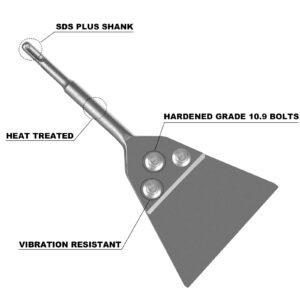 Firecore SDS Plus Floor Scraper with Spare Bolts and Locknuts, 5 Inch x 11 Inch Tile Removal Chisel Tool Long Handle Heavy Duty for Rotary Hammer Drill, Thinset Scraper Adhesives Remover FS22510