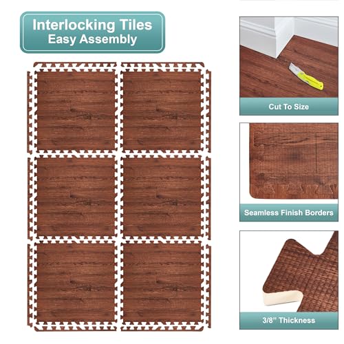 Sorbus 48Sq. Ft. Wood Grain Floor Tiles Foam Mat EVA Interlocking Mats Tile 3/8-Inch Thick Flooring Wood Puzzle Exercise Mats w/Borders - Home Playroom Basement, Apartment, Trade Show, Baby, Dance