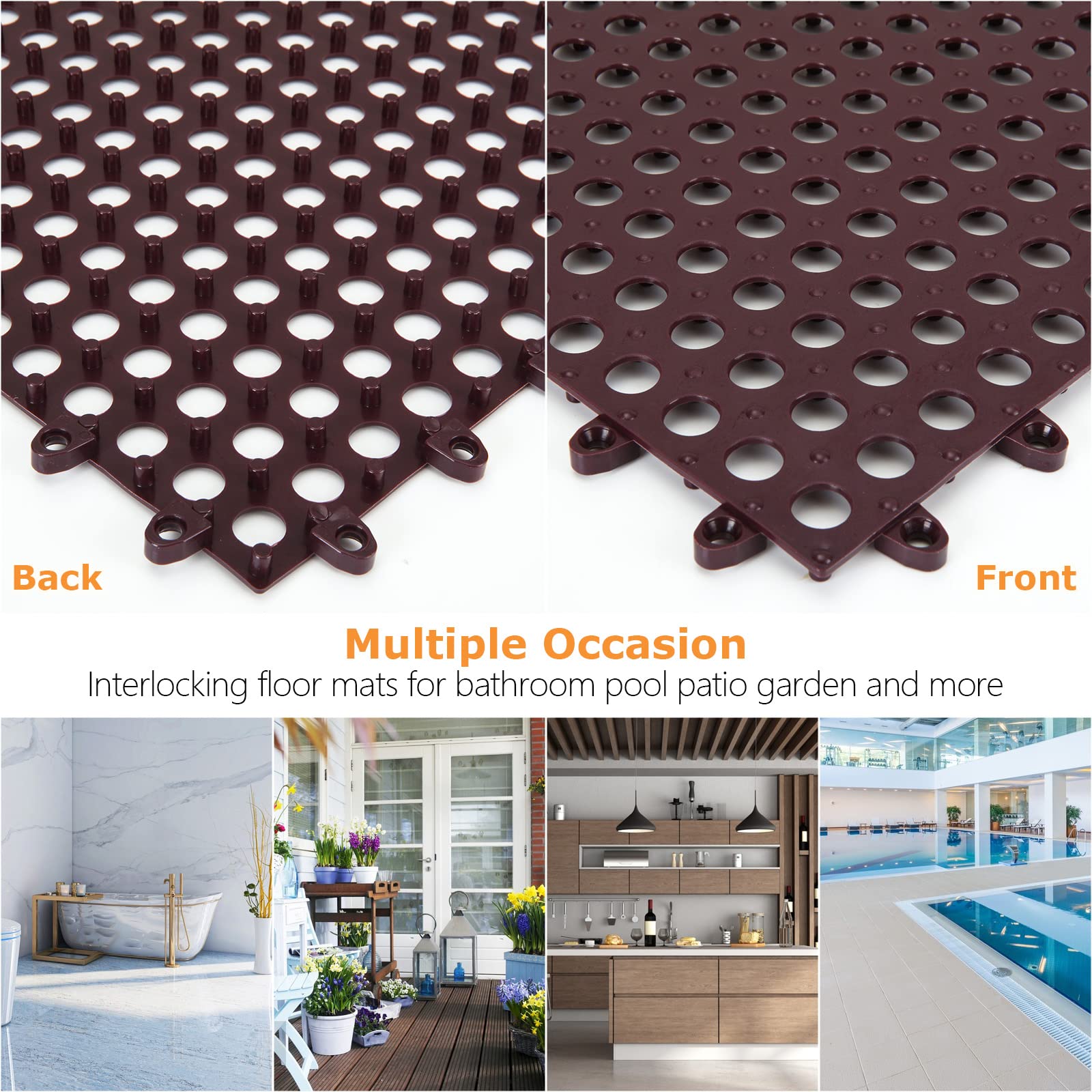 16Pack 11.8 x 11.8 Inch Interlocking Rubber Floor Tiles Non-Slip Shower Pool Deck Tiles for Flooring, Soft PVC Splicing Modular Cushion Mat Drainage Mats for Patio Garage Kitchen Bathroom (Brown)