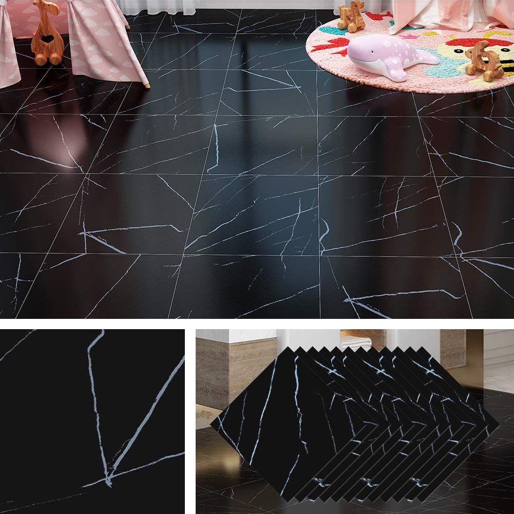 Livelynine Black Peel and Stick Floor Tile 32 Pack 12X12" Marble Vinyl Flooring Peel and Stick Tile Floor for Kitchen Bedroom Bathroom Floor Tiles Peel and Stick Waterproof Flooring Tile Stickers