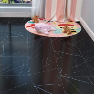 Livelynine Black Peel and Stick Floor Tile 32 Pack 12X12" Marble Vinyl Flooring Peel and Stick Tile Floor for Kitchen Bedroom Bathroom Floor Tiles Peel and Stick Waterproof Flooring Tile Stickers