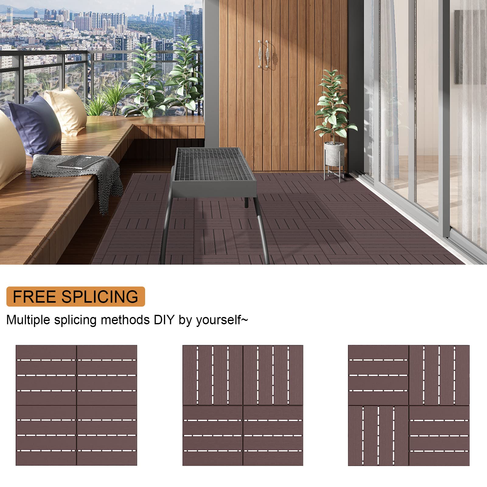 Goovilla Plastic Interlocking Deck Tiles, 9 Pack Patio Deck Tiles, 12"x12" Waterproof Outdoor Flooring All Weather Use, Patio Floor Decking Tiles for Porch Poolside Balcony Backyard, Dark Brown