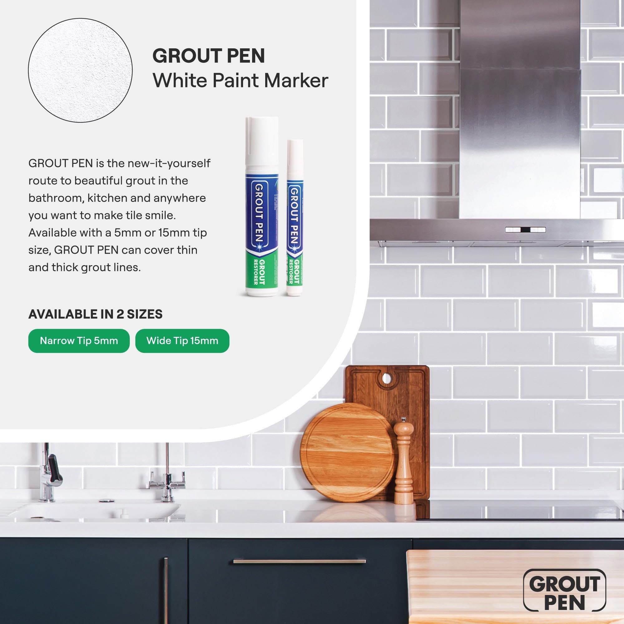 Grout Pen White Tile Paint Marker: Waterproof Grout Paint, Tile Grout Colorant and Sealer Pen - White, Wide 15mm Tip (20mL)