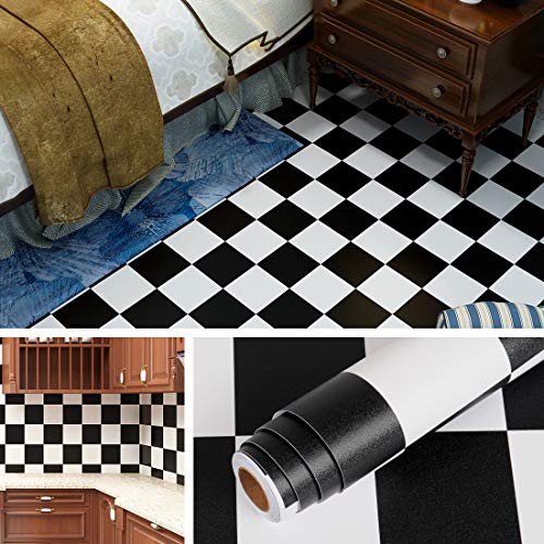 Livelynine Checkered Black and White Vinyl Flooring Roll 15.8x78.8 in Floor Contact Paper Waterproof Peel and Stick Tile Flooring for kitchen Linoleum Bathroom Wallpaper Self Adhesive Wall Covering