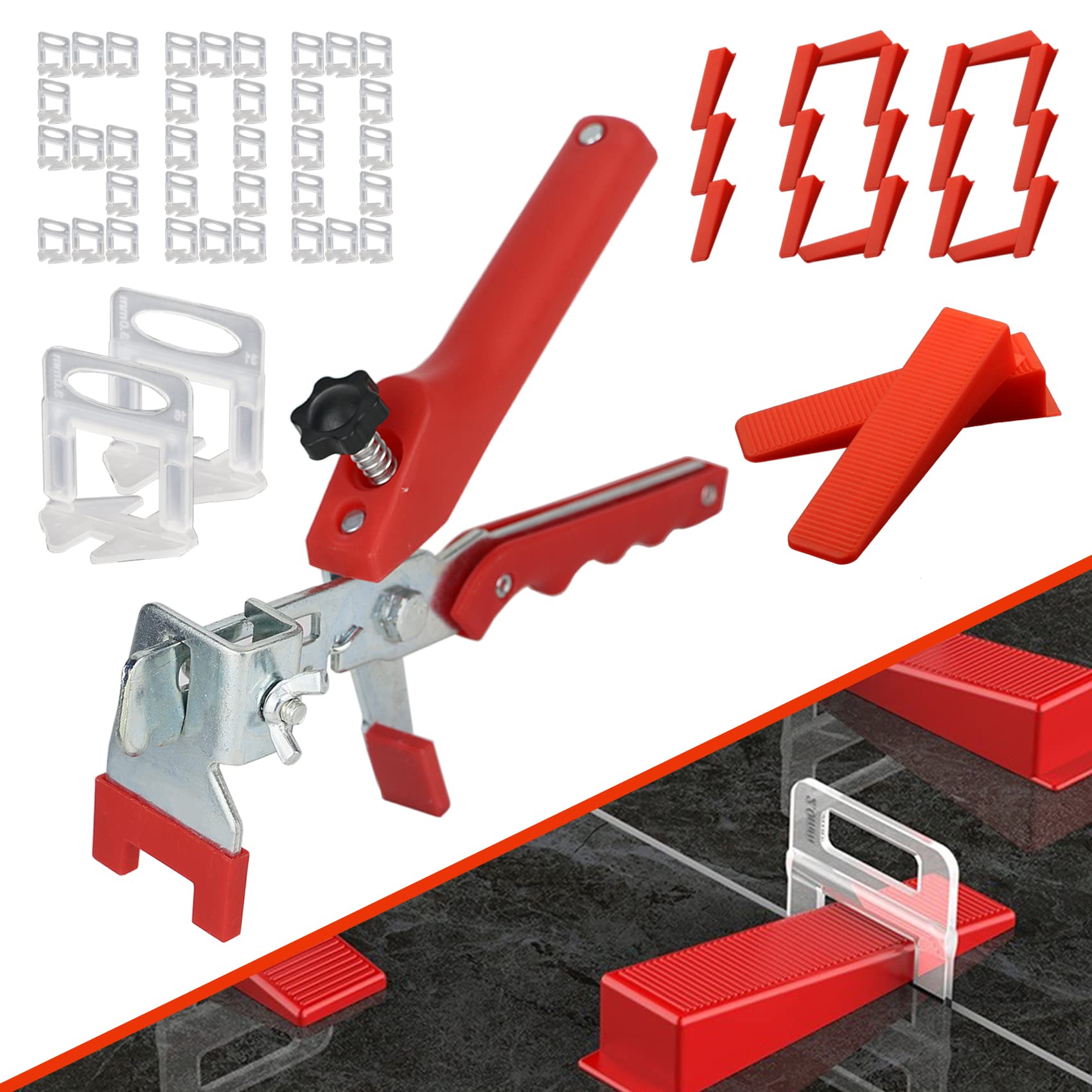 TR TOOLROCK Tile Leveling System 1/8 inch Kit - 500Pcs 1/8 inch Tile Spacers Clips and 100Pcs Tile Wedges and 1Pc Floor Tile Plier Lever Building Walls Floors Tile Tools Kit