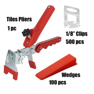 TR TOOLROCK Tile Leveling System 1/8 inch Kit - 500Pcs 1/8 inch Tile Spacers Clips and 100Pcs Tile Wedges and 1Pc Floor Tile Plier Lever Building Walls Floors Tile Tools Kit