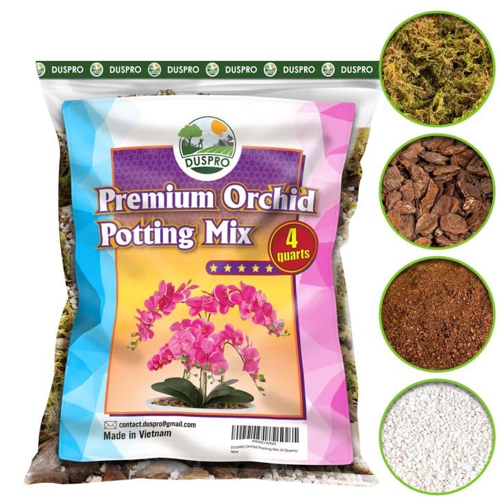 DUSPRO 4QT Orchid Potting Mix for Repotting with Moss Pine Bark Mulch Perlite Stone & Coco Peat Natural Ingredients, Orchid Bark Potting Mix, Orchid Repotting Kit Drainage Indoor Potting Medium Great