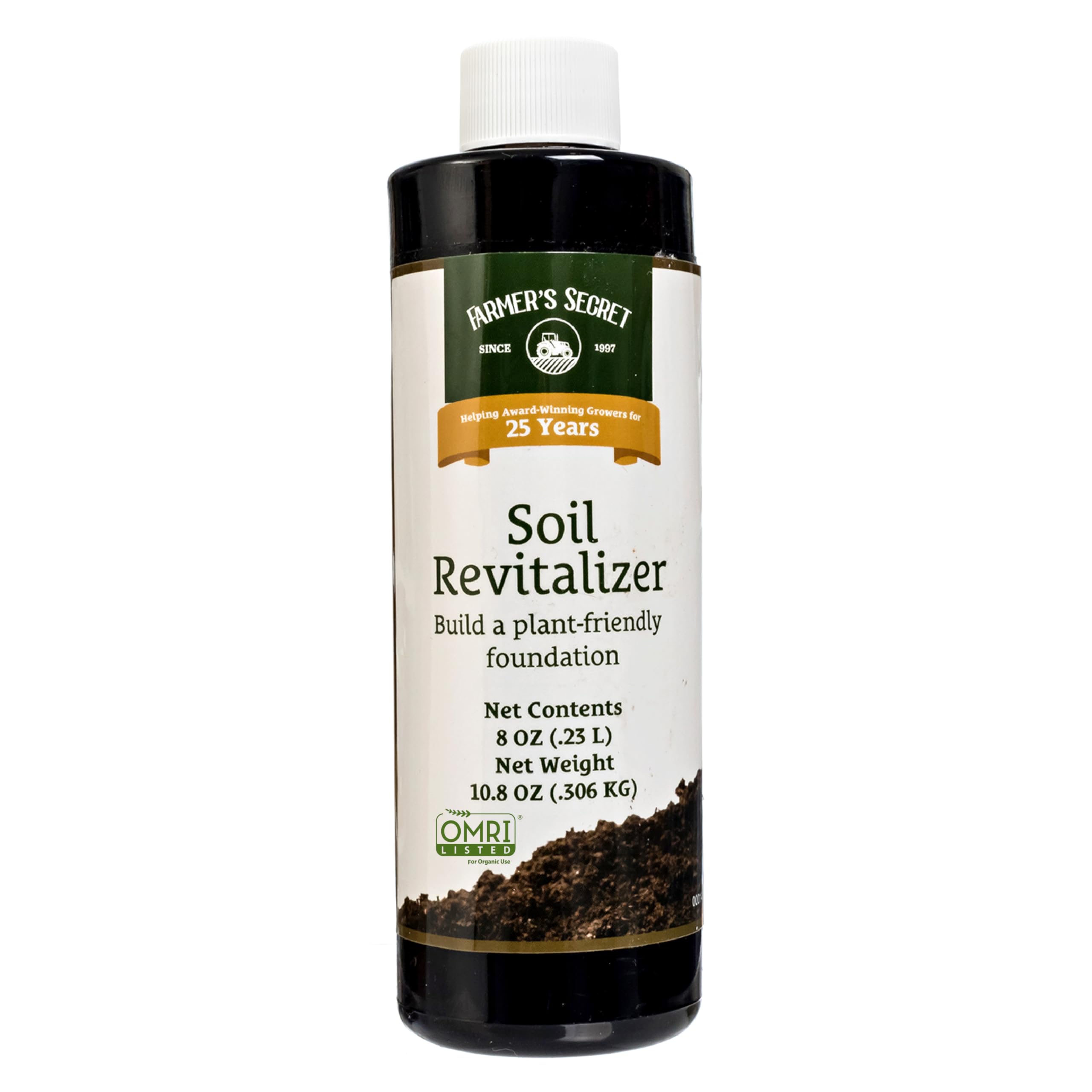 Farmer’s Secret Soil Revitalizer (8oz) - Organic (OMRI Listed) Soil Microbe Booster - Liquid Compost Soil Amendment - Great for Spring Application - Activated Humic Acid